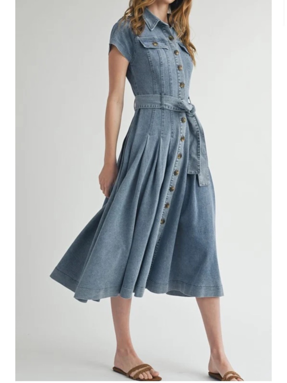 Button-Front Light Blue Denim Midi Dress with Tie Waist - Picture 5 of 11